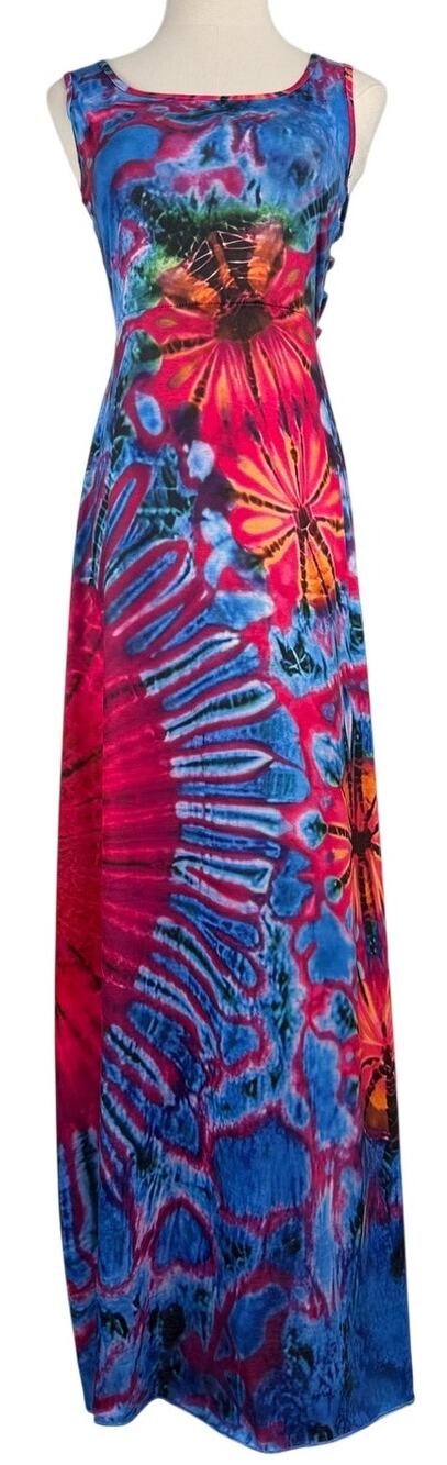 Red Blue Tie Dye Strappy Back Maxi Dress Women's Small Boho Festival